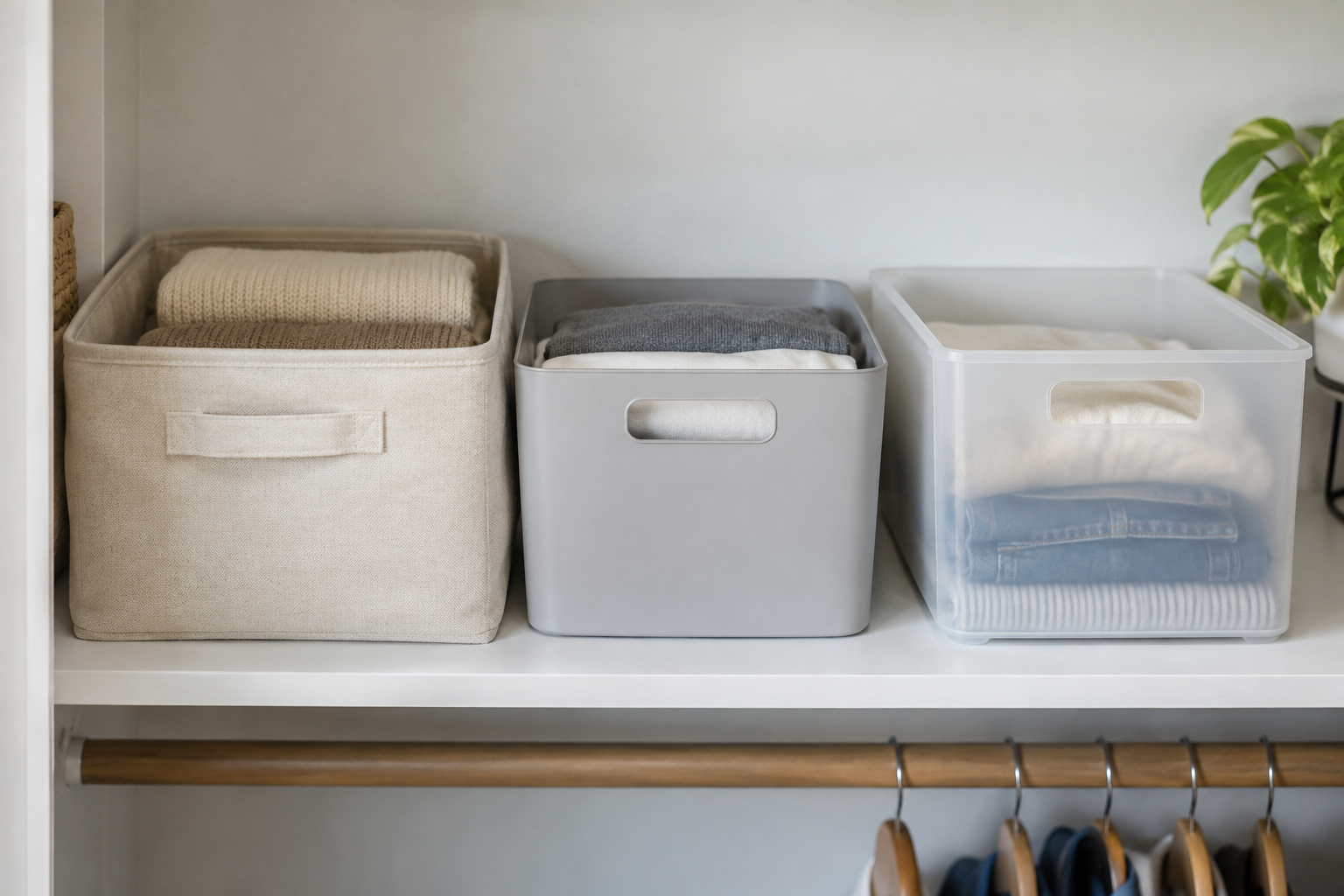 Closet storage bins arranged side by side on an existing rental closet shelf