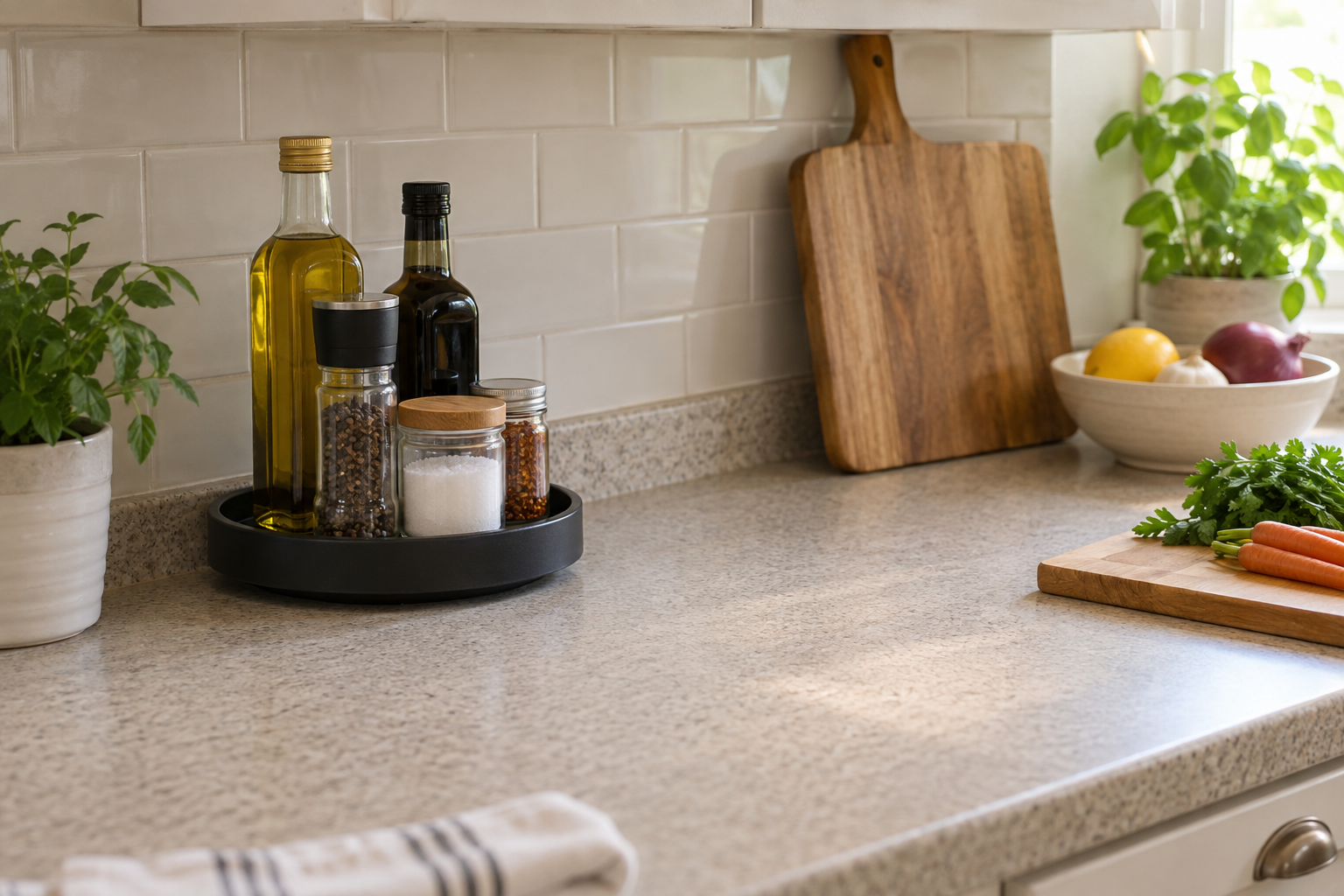Compact countertop turntable holding a small group of everyday cooking items while leaving prep space clear