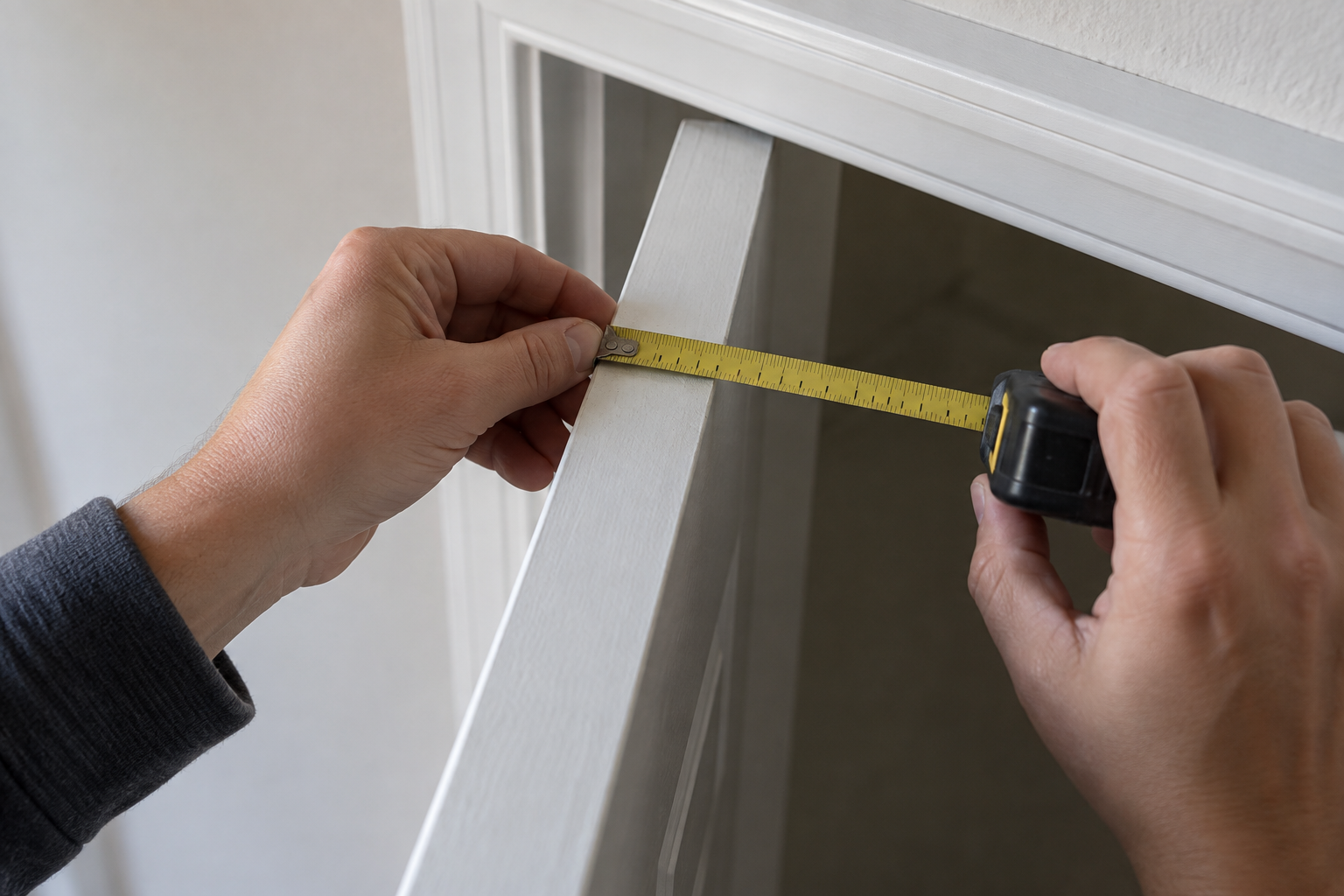 Person measuring closet door thickness at the top edge before adding an over-the-door organizer