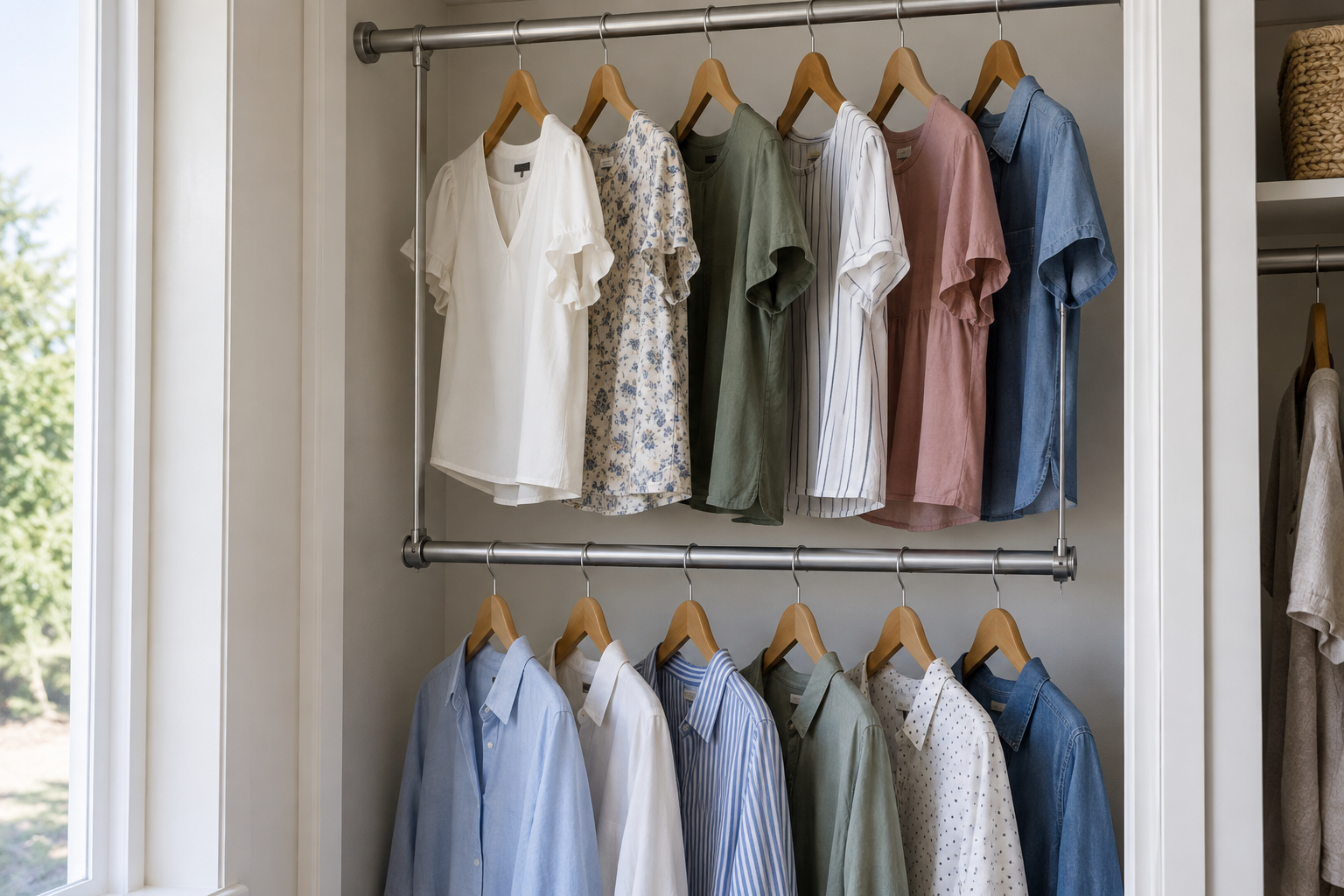 Double-hang closet rod creating two levels of short clothing in a rental closet
