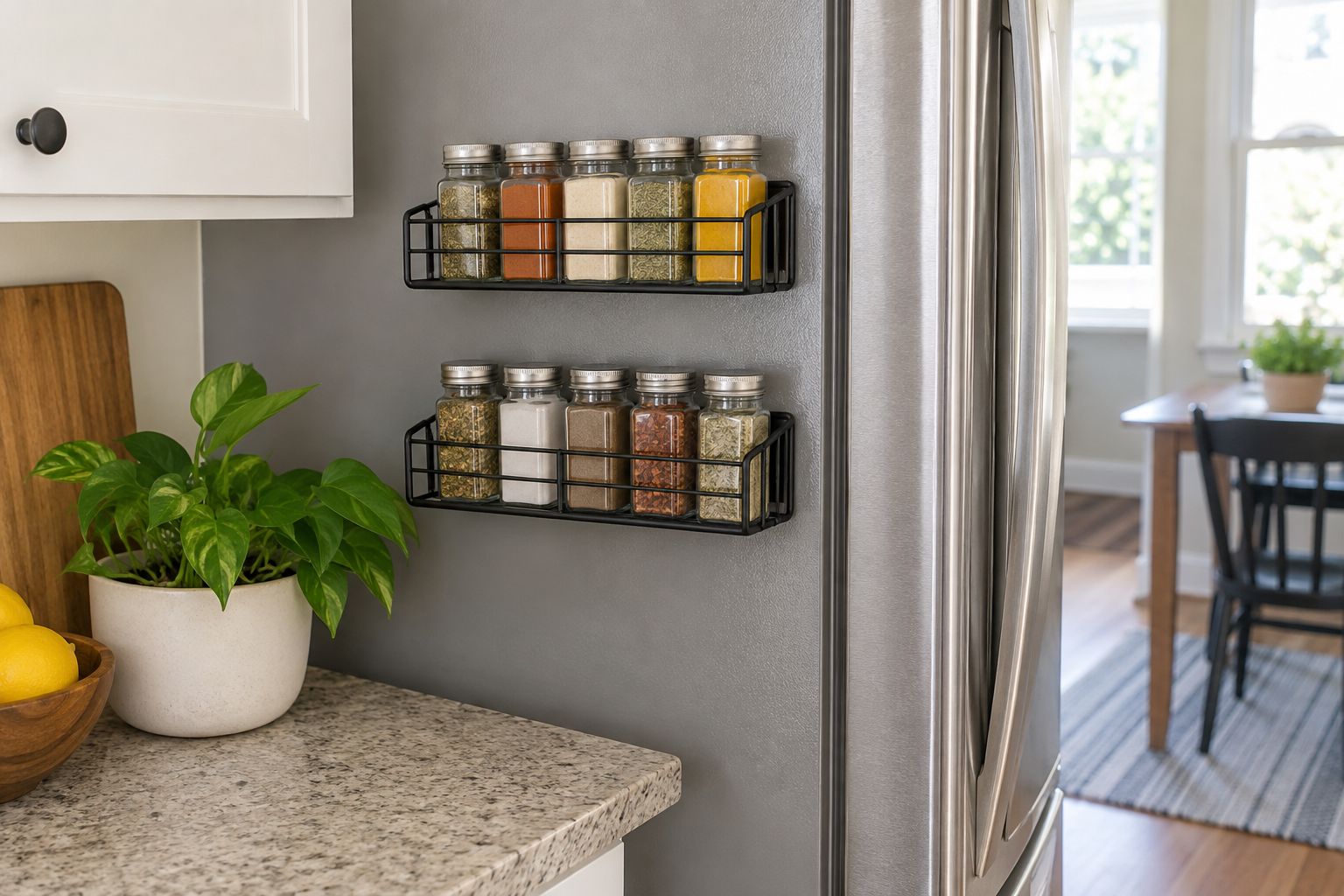 Magnetic spice rack holding spice jars on the side of a refrigerator in a small rental kitchen