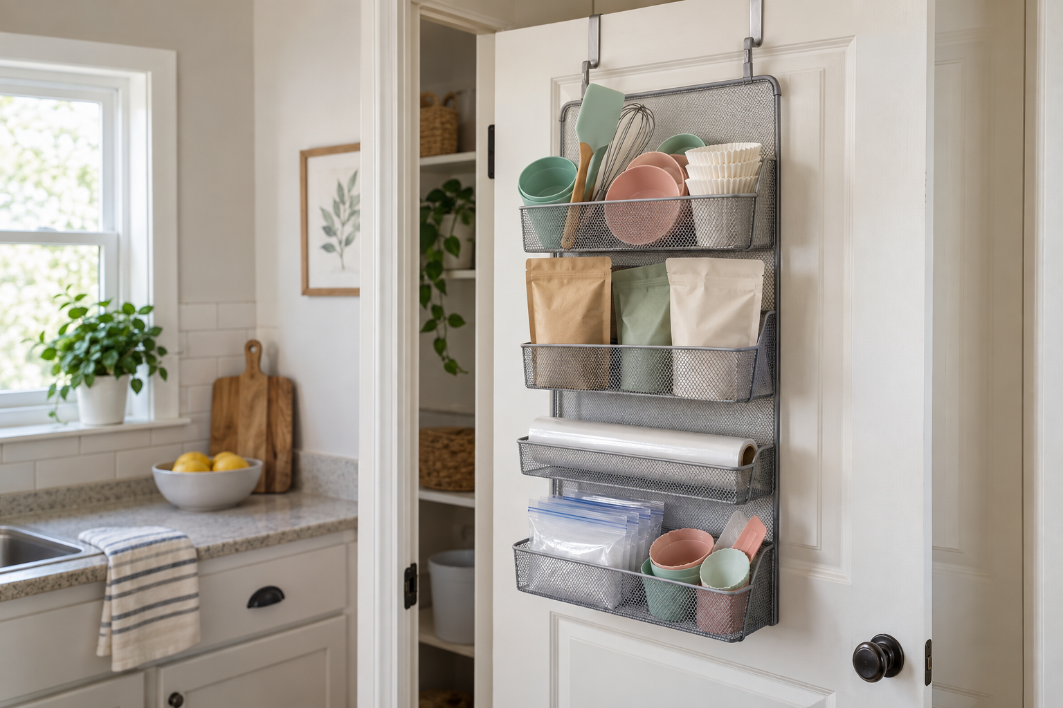 Over-the-door kitchen organizer storing lightweight pantry and baking supplies on a rental door