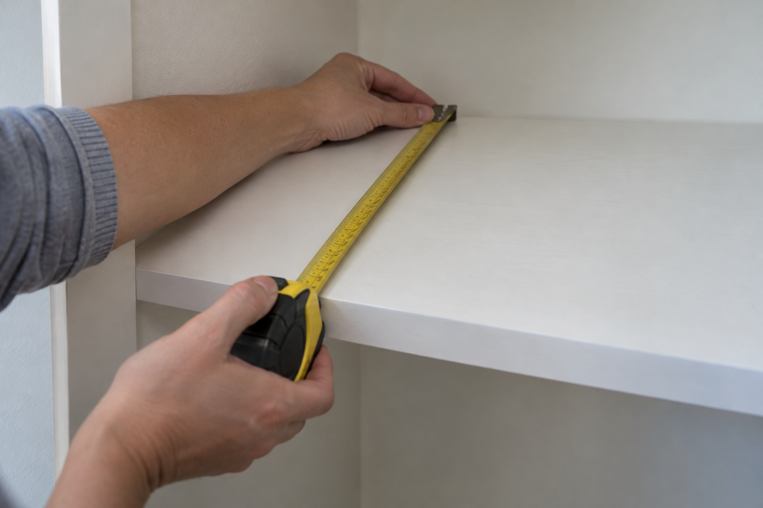 Person measuring the depth of an existing closet shelf with a tape measure