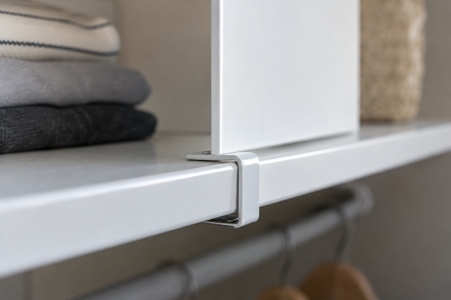 Close-up of a closet shelf divider attached to the edge of an existing shelf