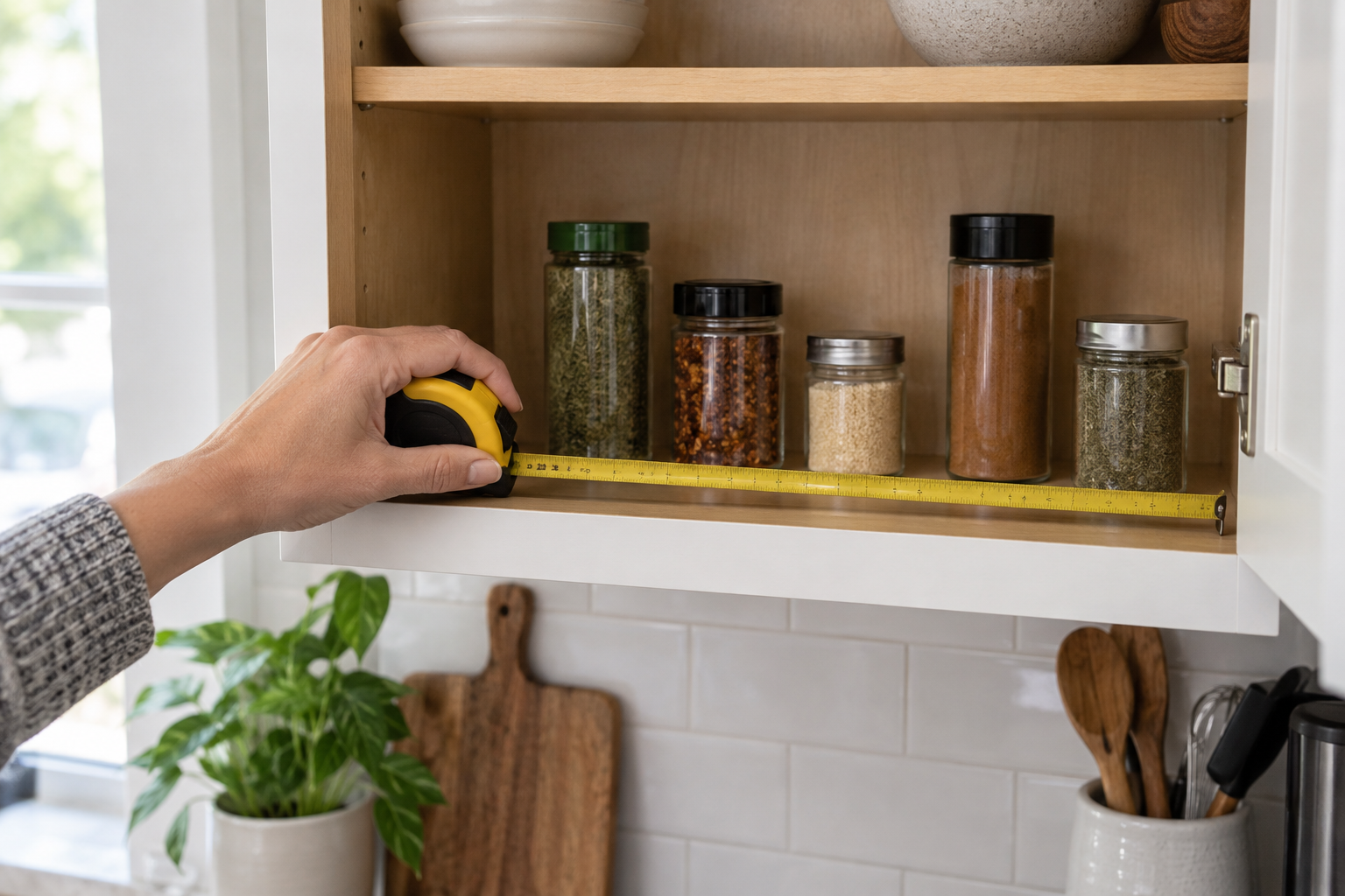 Measuring cabinet shelf space and spice jars before choosing a no-drill spice rack