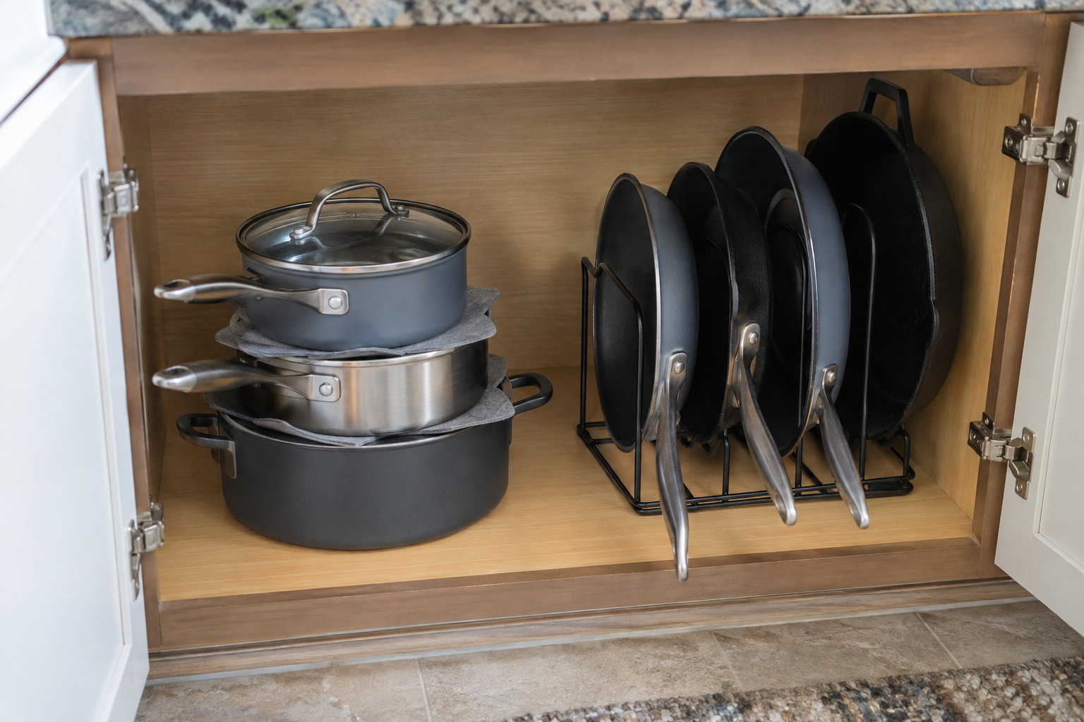 Rental kitchen cabinet using a freestanding vertical pan rack beside a short stable cookware stack