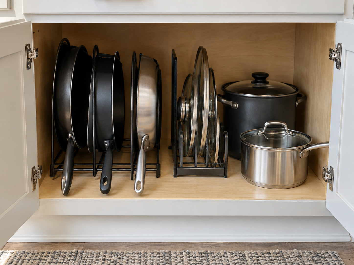 Dedicated lower cabinet cookware zone with pans, lids and larger pots organized together for easy access