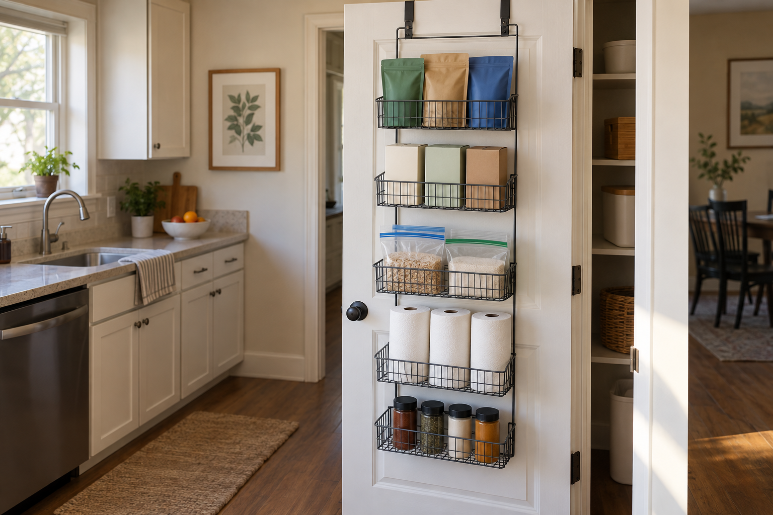 Renter-friendly over-the-door kitchen storage organizer holding lightweight pantry items on a pantry door