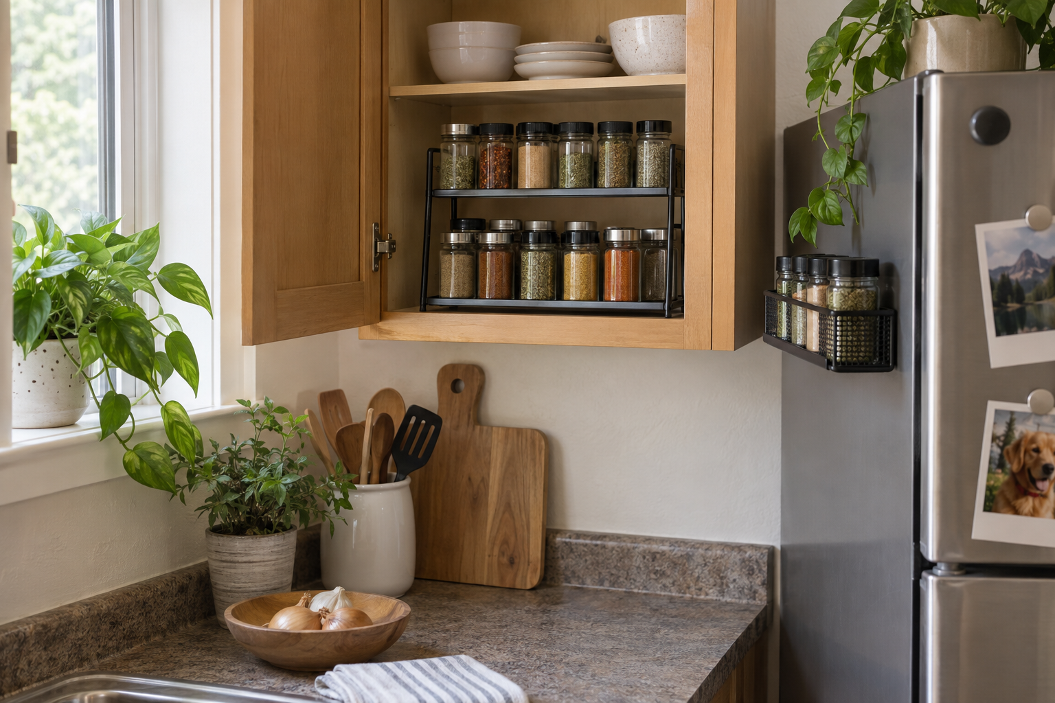 No-drill spice rack ideas for renters with a freestanding tiered organizer in a small kitchen cabinet
