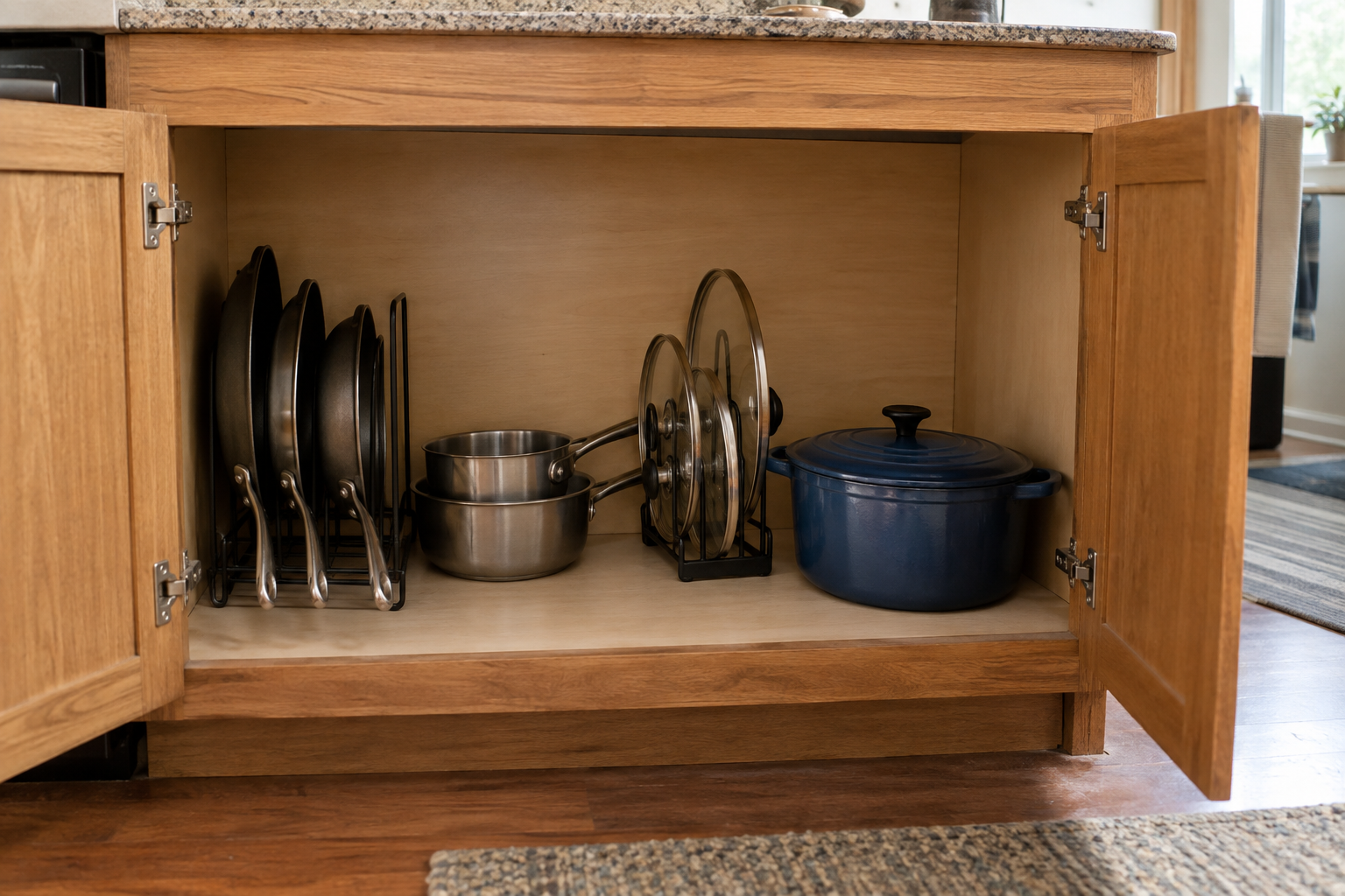 Pot and pan storage for renters using a freestanding rack, short cookware stacks and separate lid storage in a rental kitchen