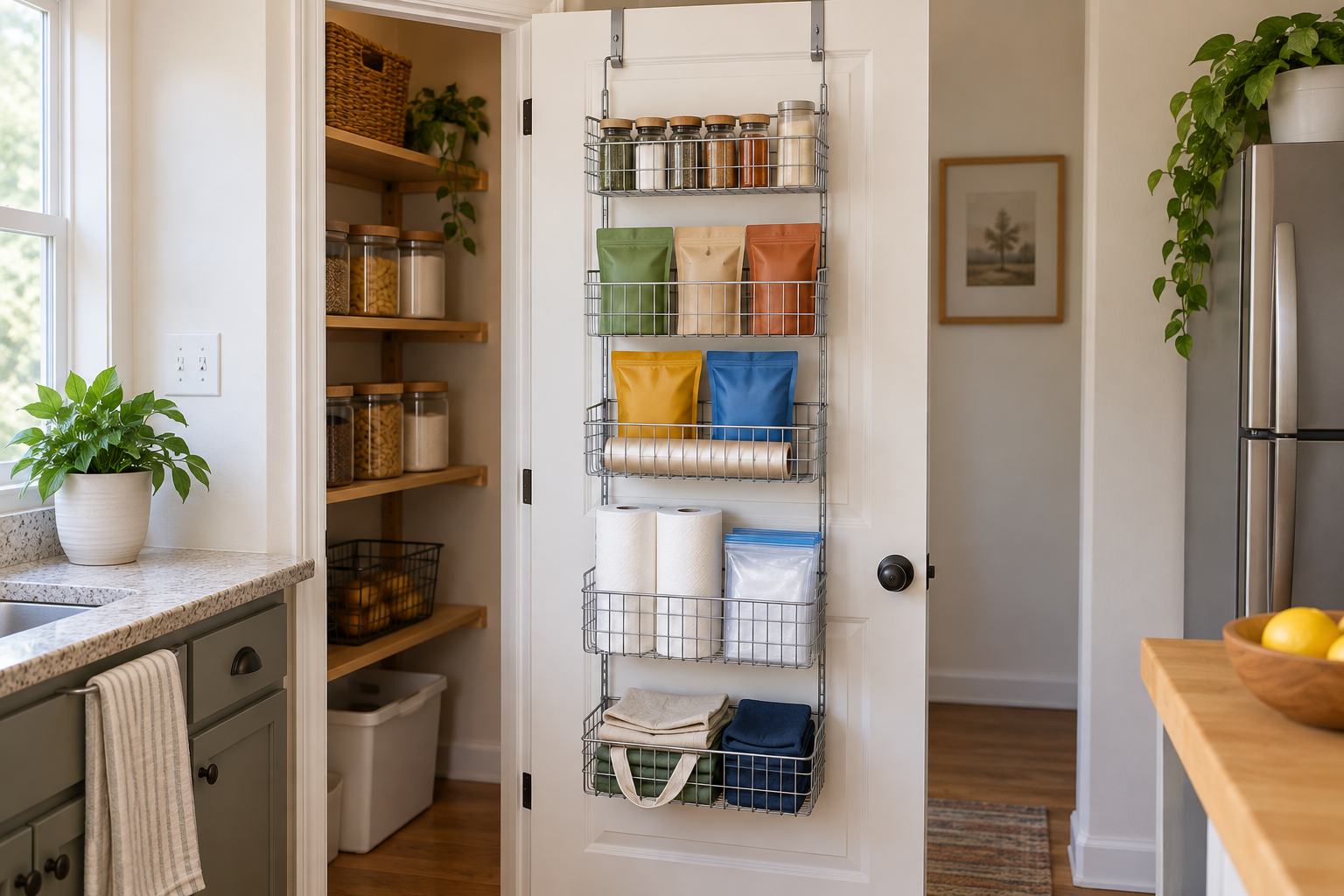 Zoned over-the-door kitchen storage layout with lightweight items organized by use