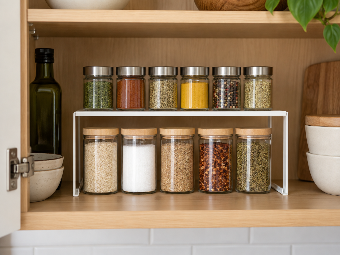 Freestanding shelf riser creating two-level no-drill spice storage inside a rental kitchen cabinet