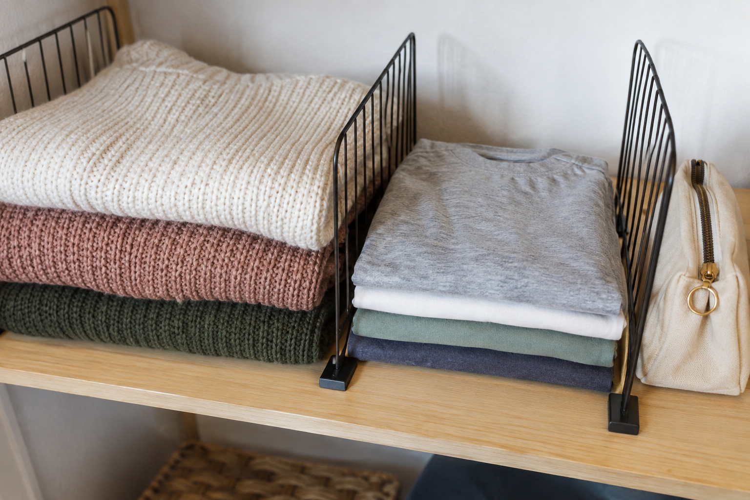 Closet shelf dividers creating different-width sections for folded clothes and accessories