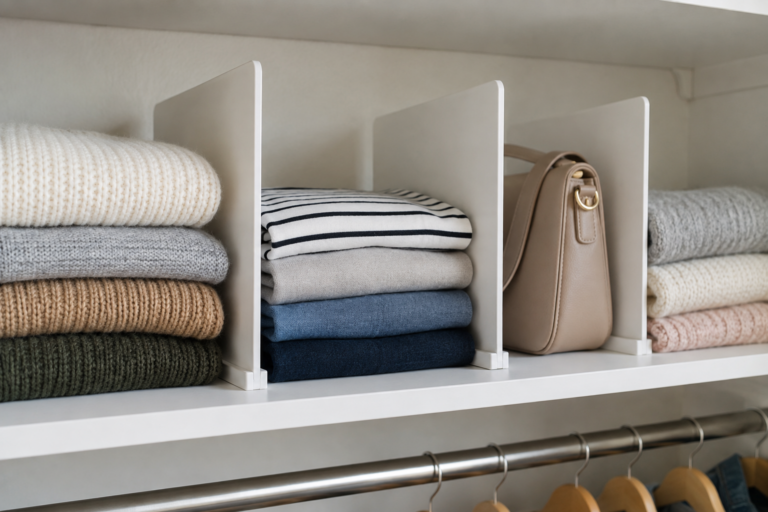 Closet shelf dividers separating folded clothes and a handbag on an existing rental closet shelf
