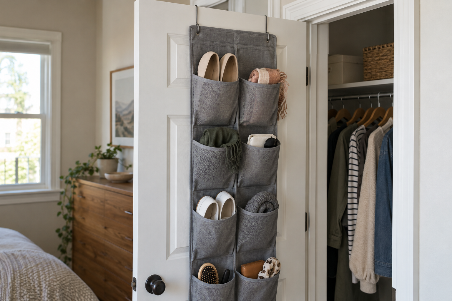 Over-the-door closet storage with shoes and accessories on a white rental closet door