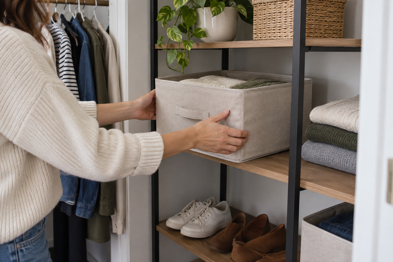 Storage bin fitting on a freestanding closet shelf with enough clearance for easy retrieval