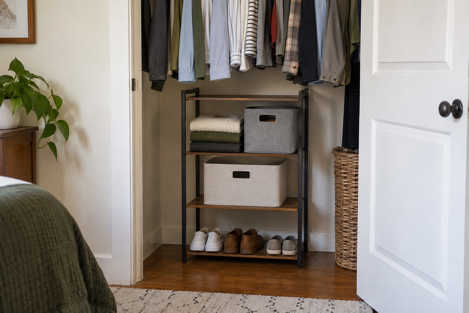 Freestanding closet shelf with bins, folded clothes, and shoes in a small rental closet