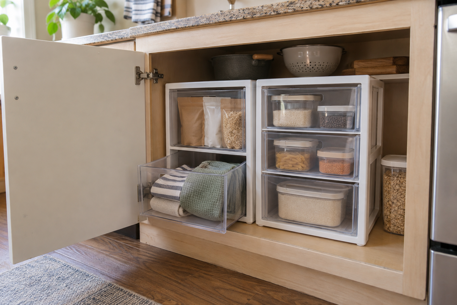 Freestanding pull-out drawers organizing a lower rental kitchen cabinet without drilling