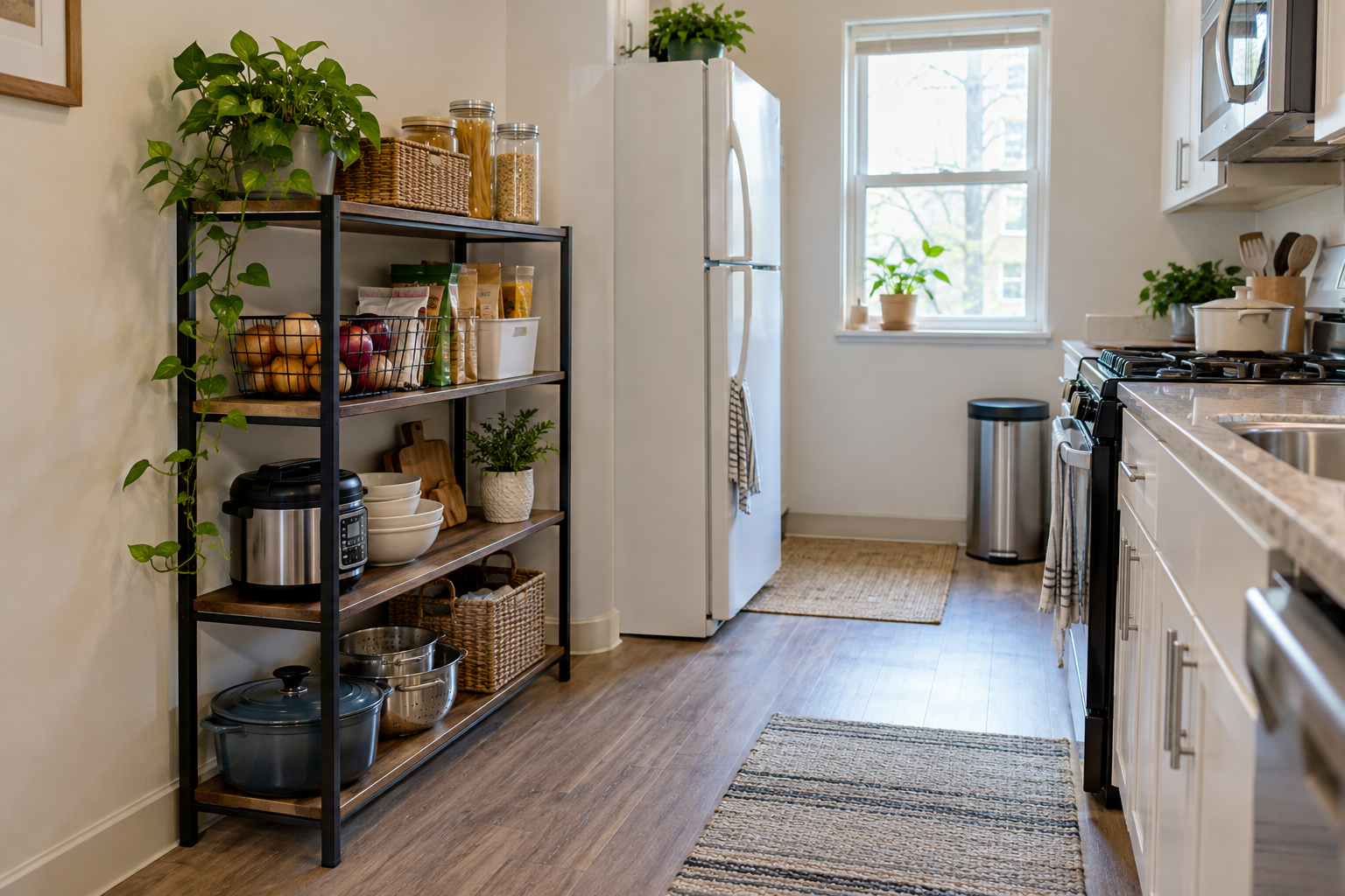 Freestanding kitchen shelving for renters with pantry baskets and lightweight kitchen supplies in a small rental kitchen