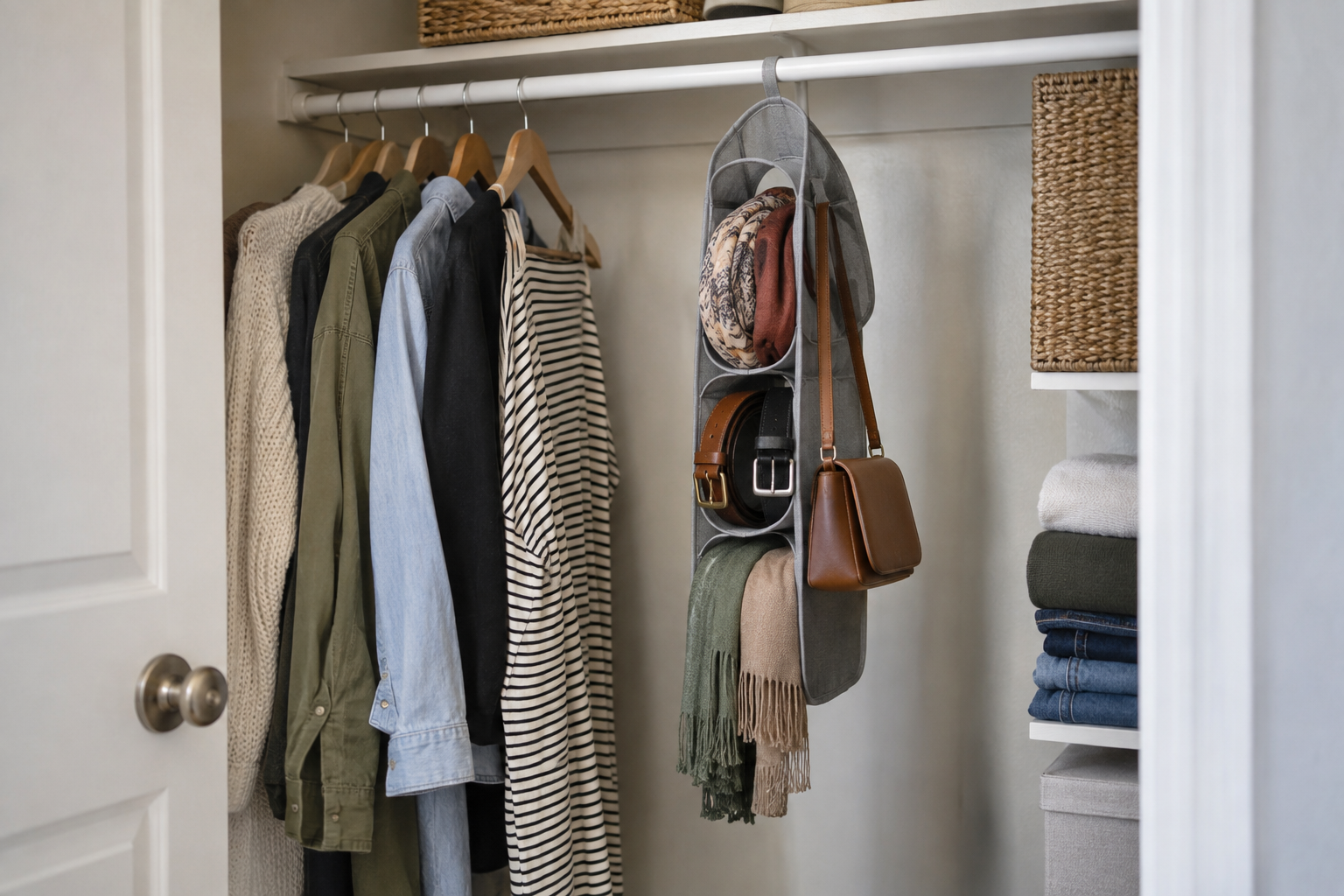 Hanging accessory organizer with scarves, belts, and lightweight accessories in a small rental closet