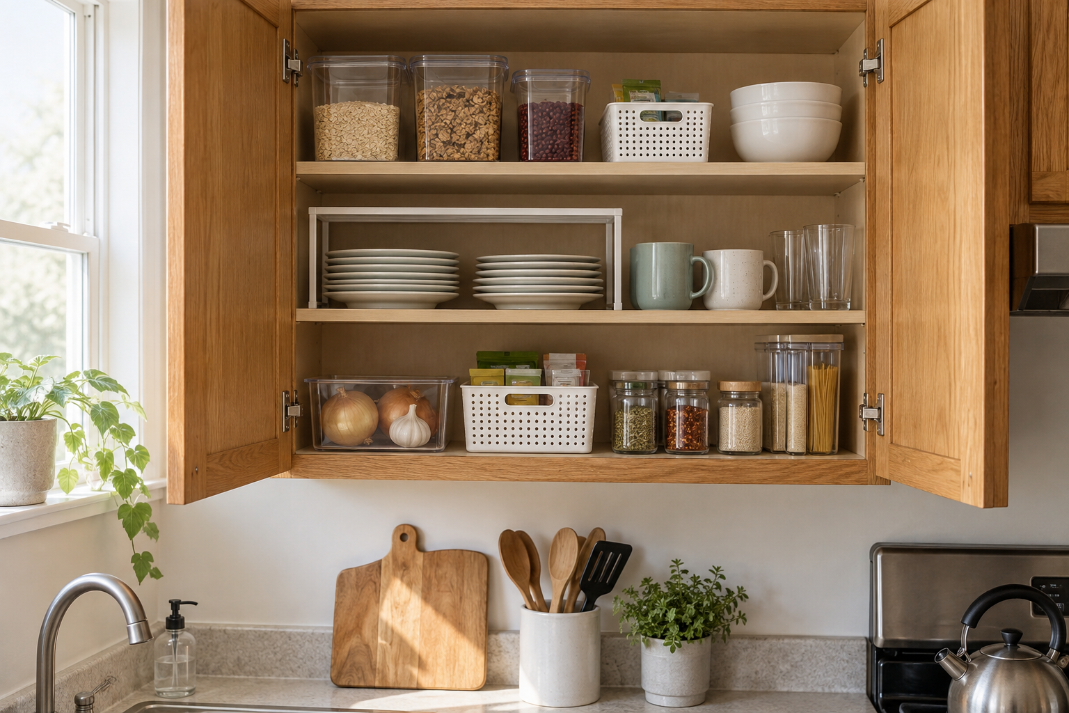 Kitchen cabinet storage without drilling using renter-friendly freestanding organizers inside an open rental kitchen cabinet