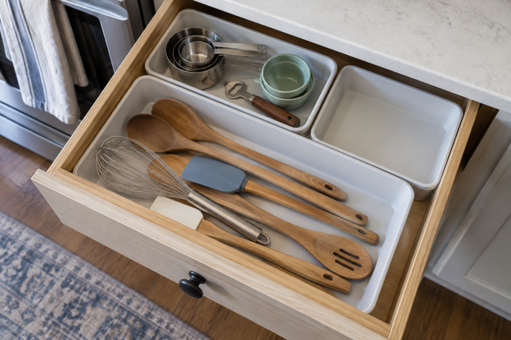 Kitchen drawer organized into easy-access everyday tool zones with a small flexible open section