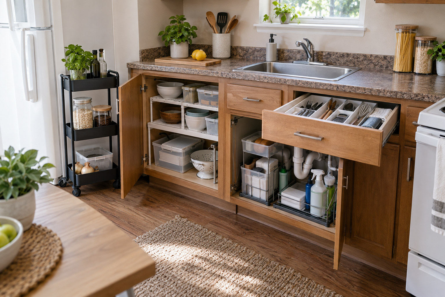 Kitchen storage without drilling using renter-friendly organizers and removable storage solutions in a small rental kitchen