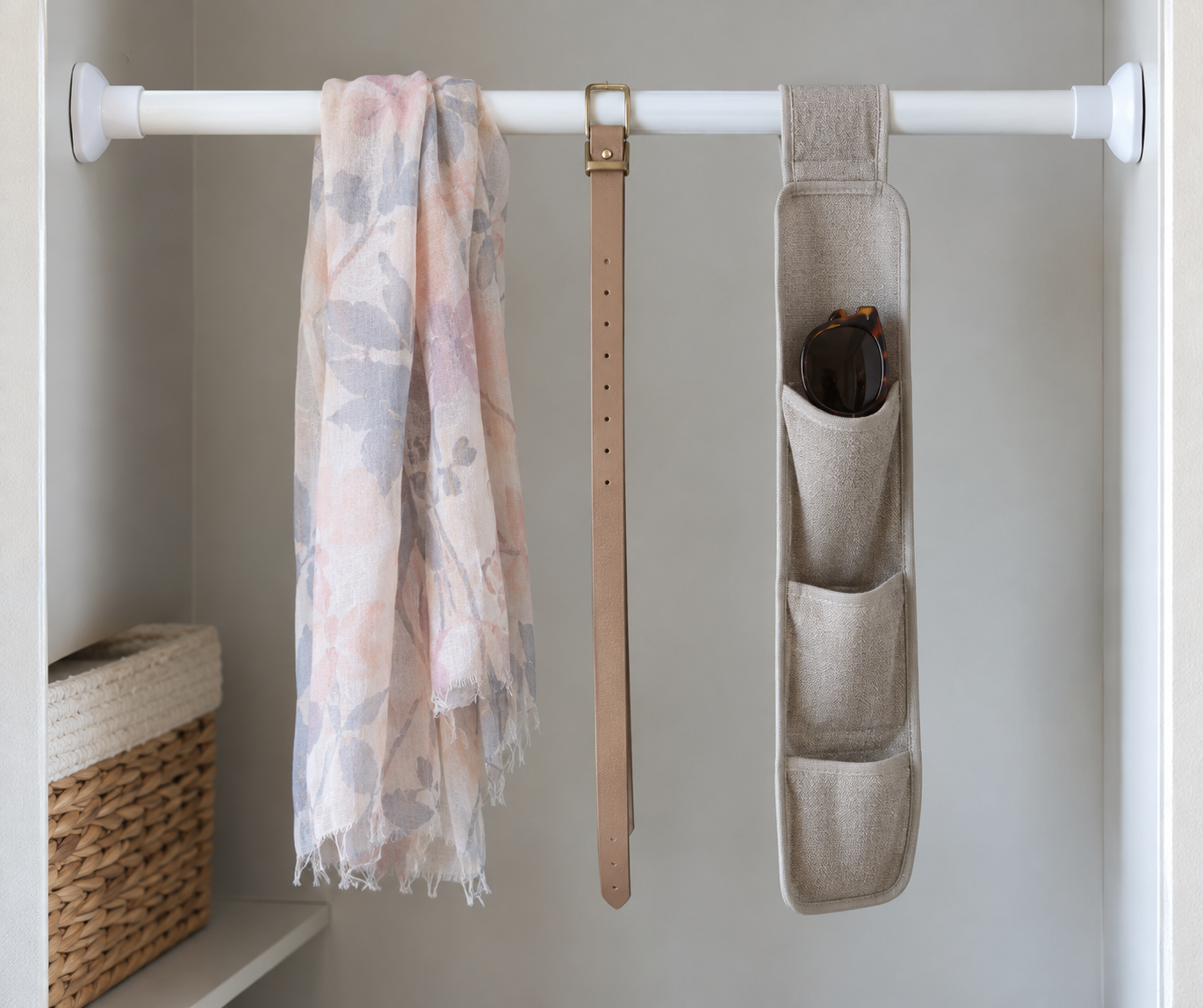 Lightweight accessories stored on a tension rod inside a rental closet