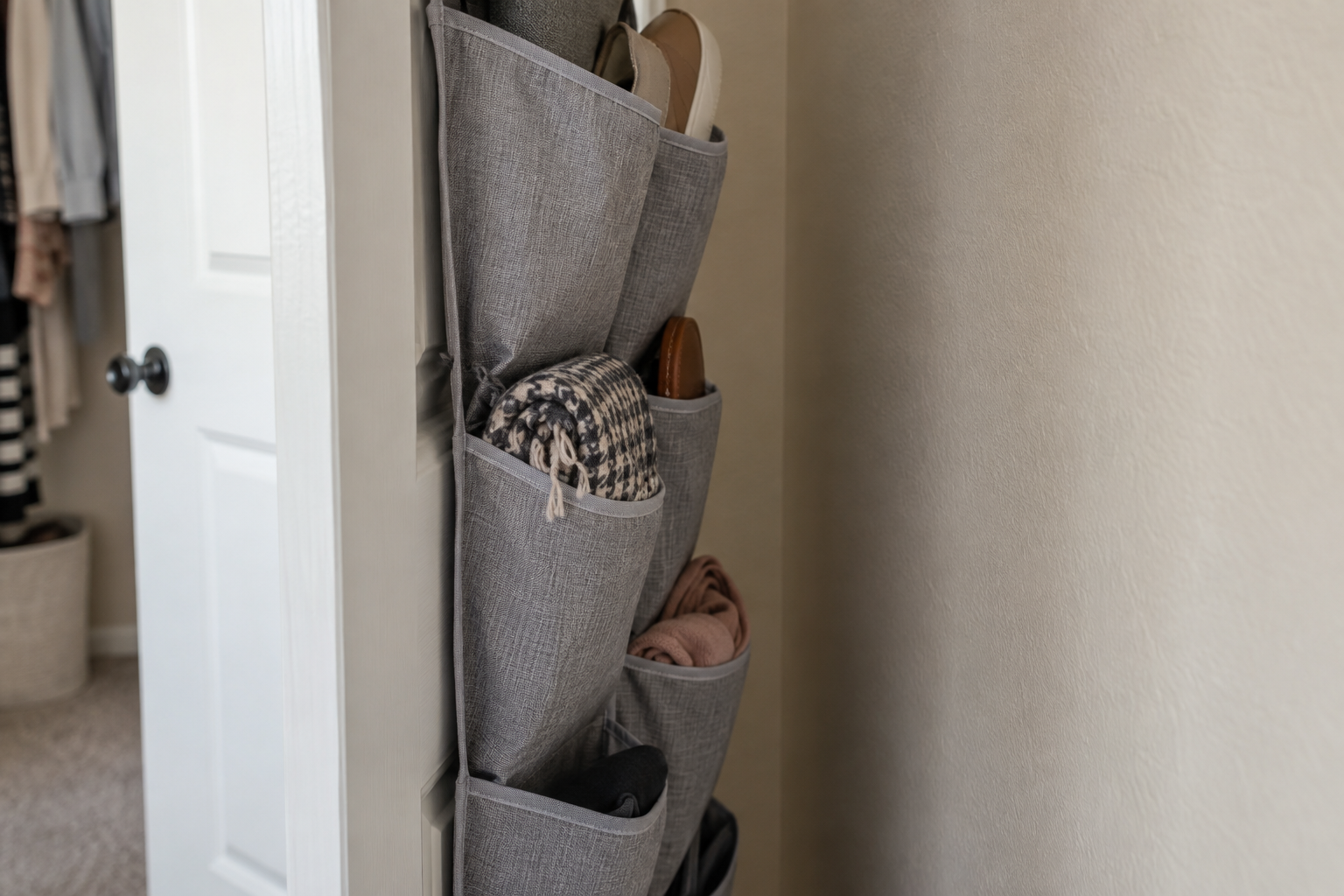 Side view of an over-the-door closet organizer showing clearance between the loaded organizer and a nearby wall