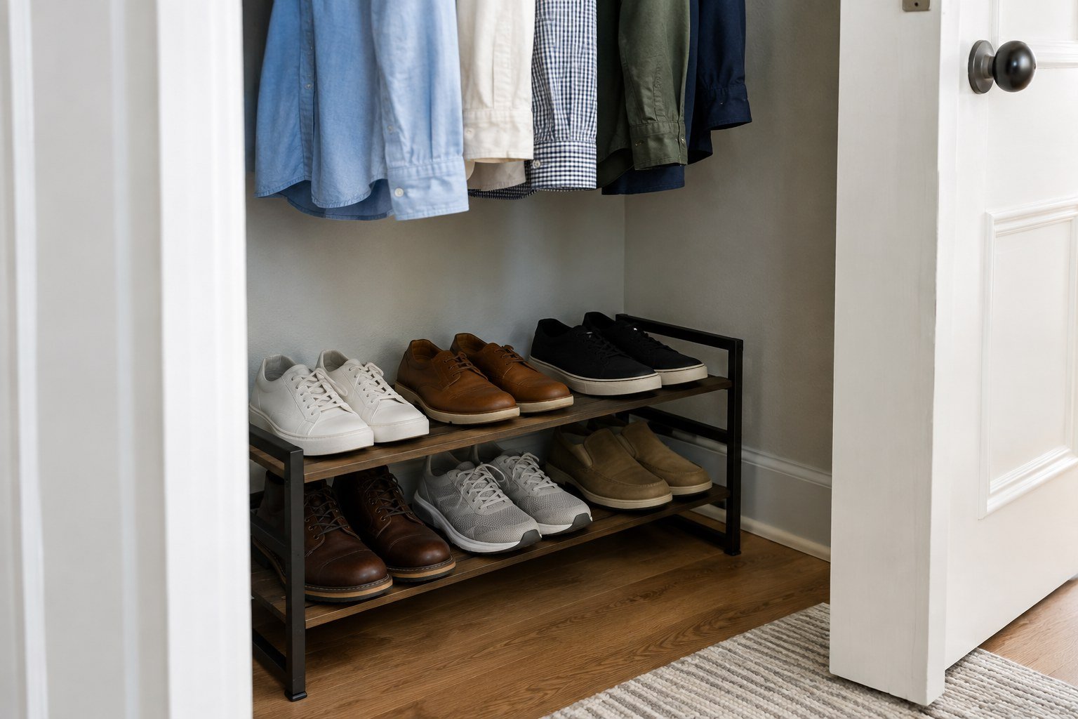 Low shoe rack positioned below short hanging clothes in a small rental closet