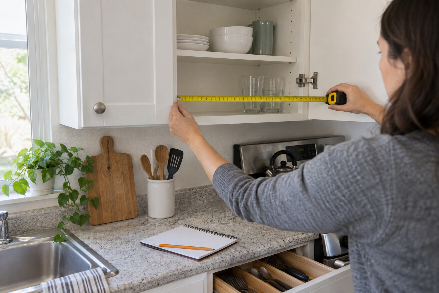 Measuring cabinet space before choosing renter-friendly kitchen organizers