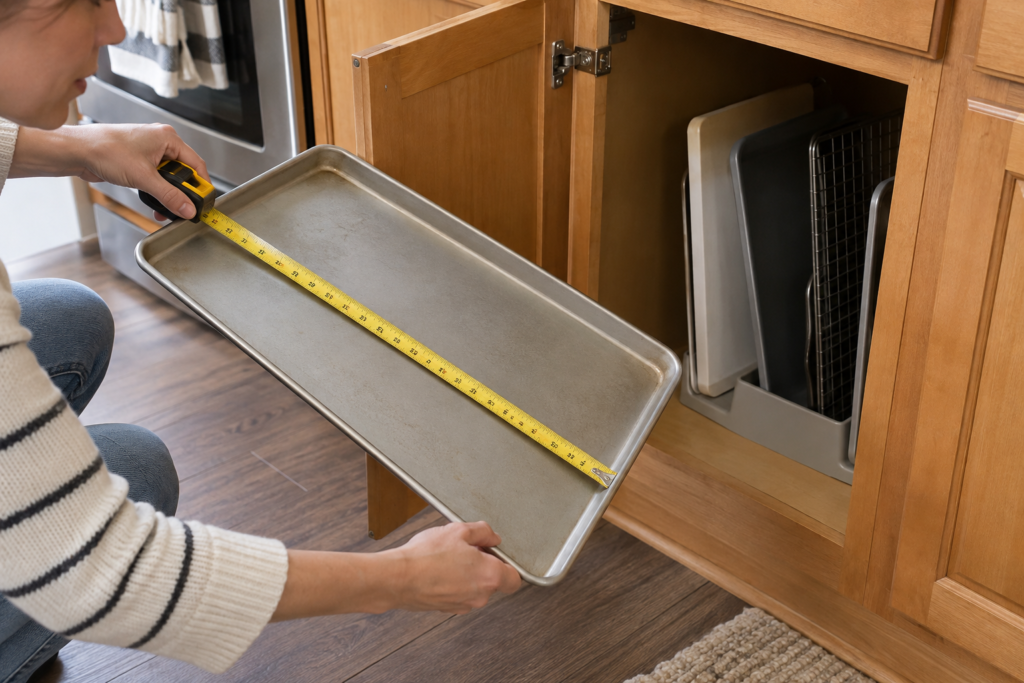 Measuring a large baking sheet and lower cabinet opening before choosing renter-friendly vertical storage