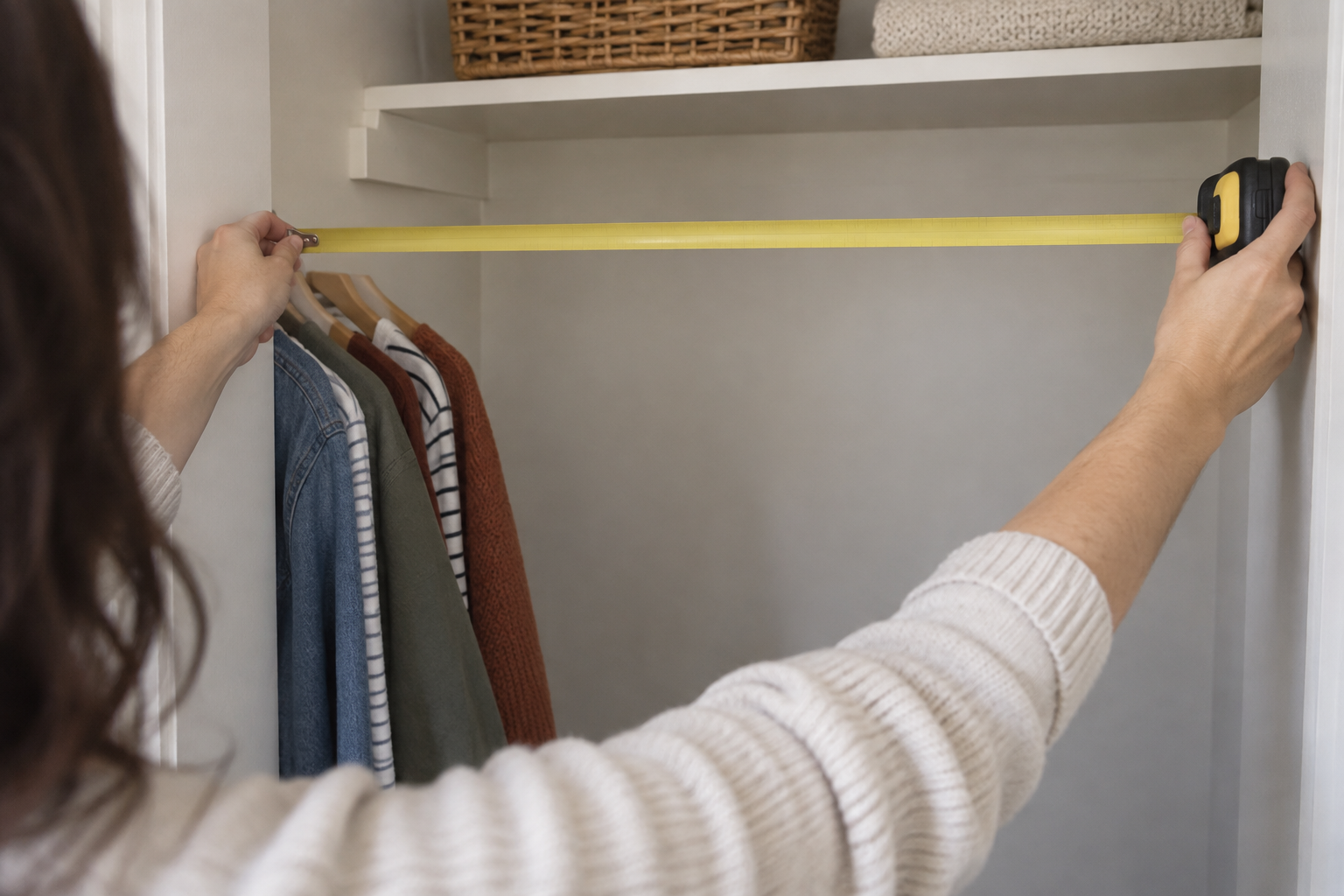 Person measuring closet span before installing tension rod closet storage