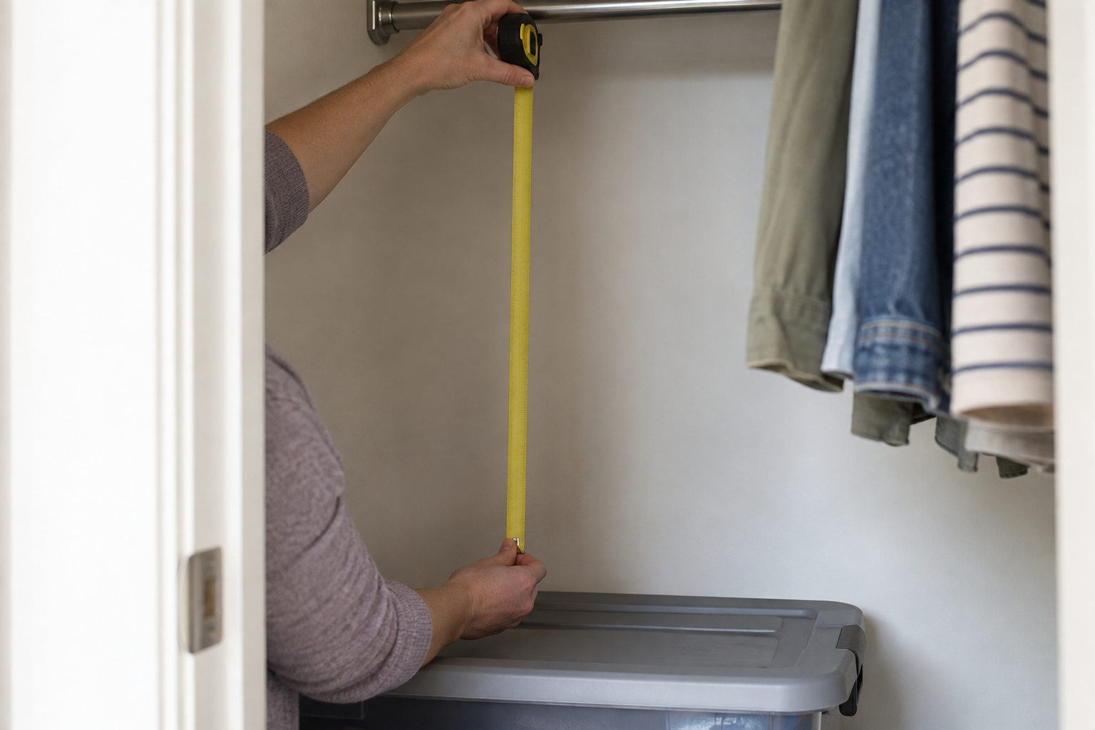 Person measuring vertical space below an existing closet rod before adding a double-hang closet rod