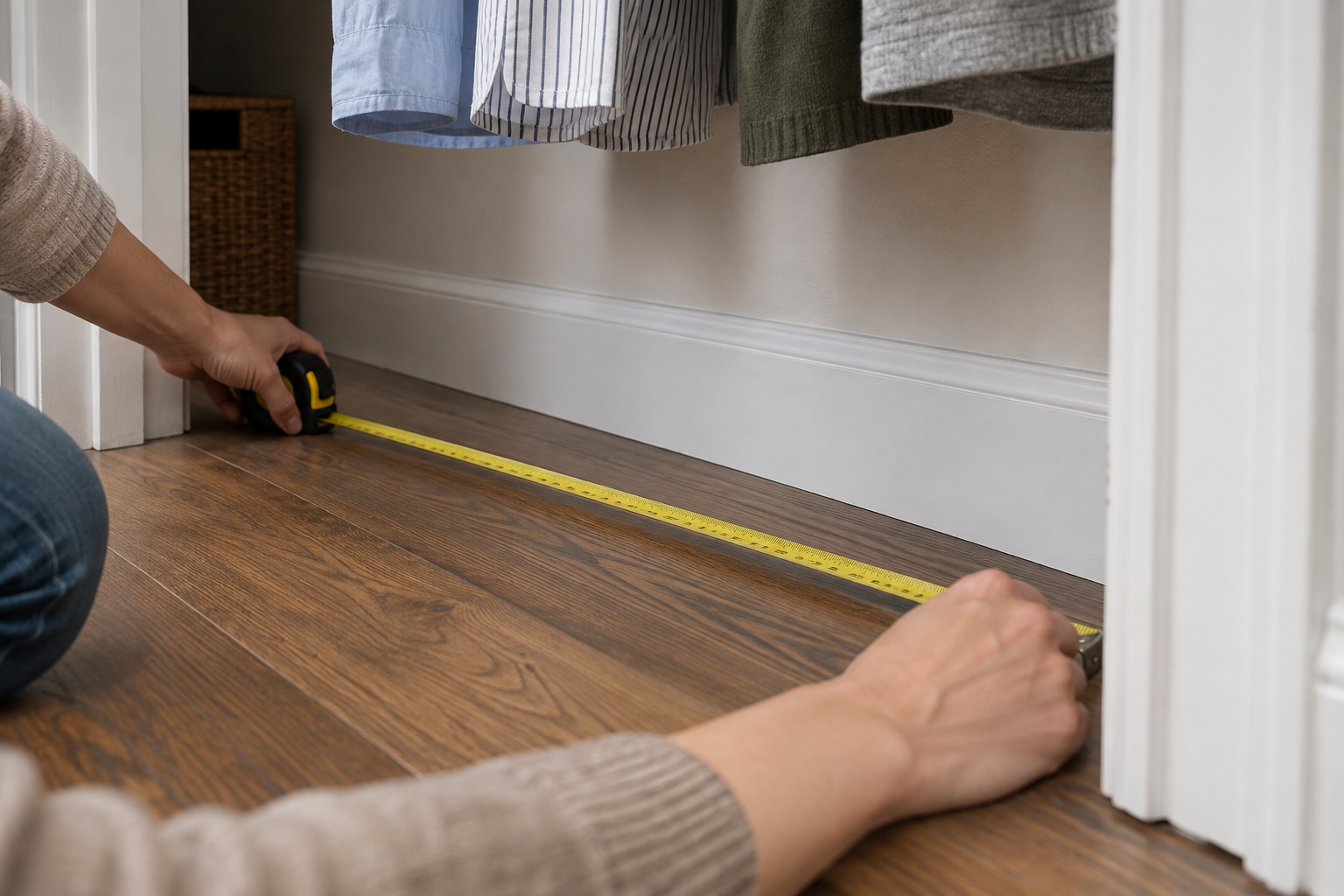 Person measuring closet space before choosing a freestanding closet shelf