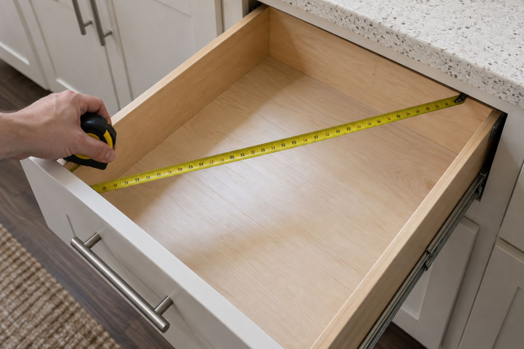 Measuring the usable interior of a rental kitchen drawer before choosing removable organizers