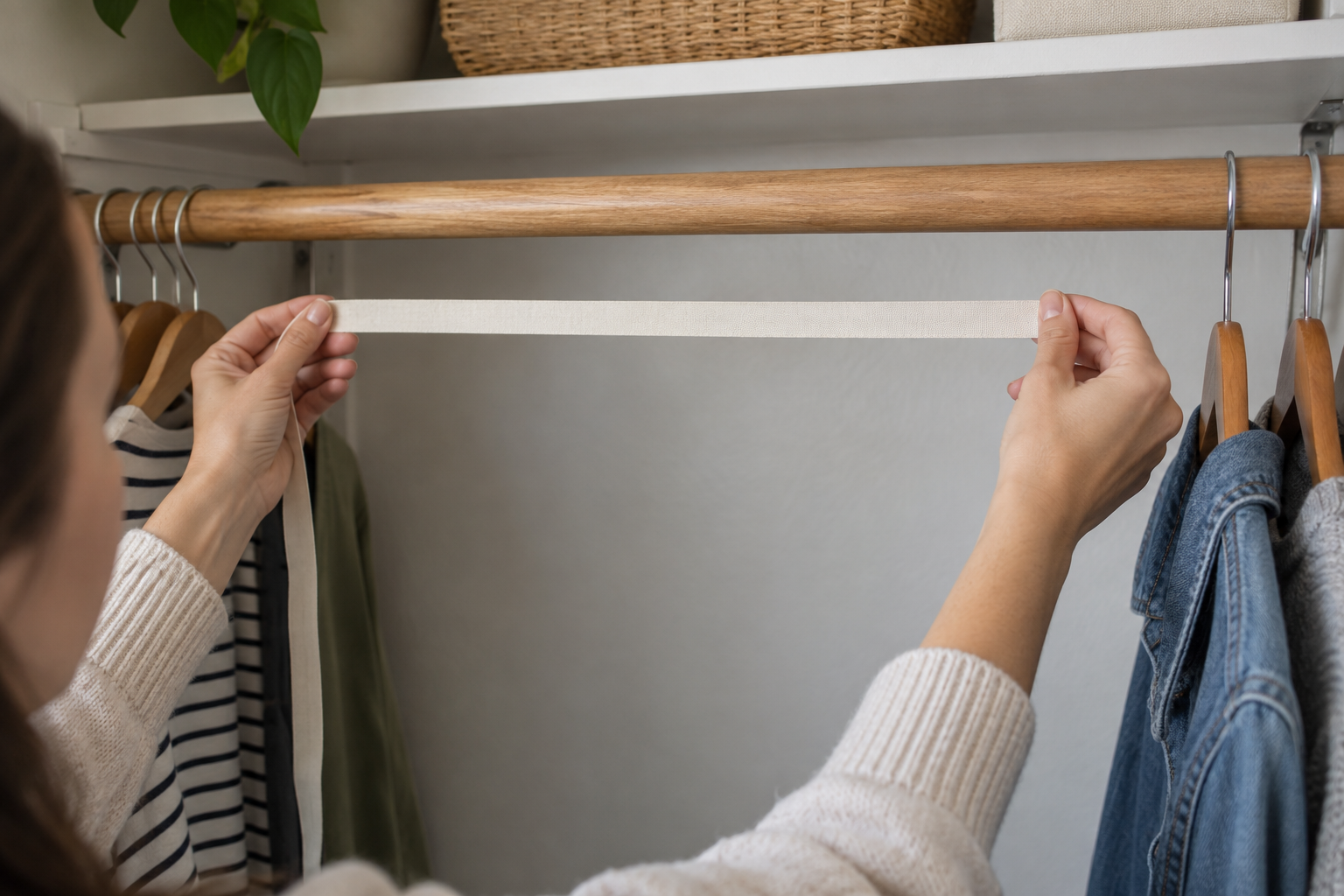 Person measuring closet rod space before choosing a hanging accessory organizer
