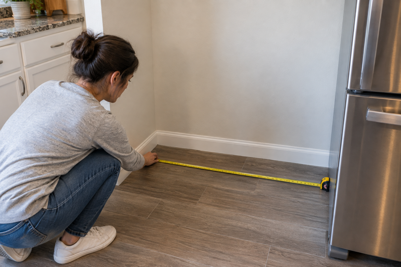 Measuring kitchen floor space and appliance clearance before choosing freestanding kitchen shelving
