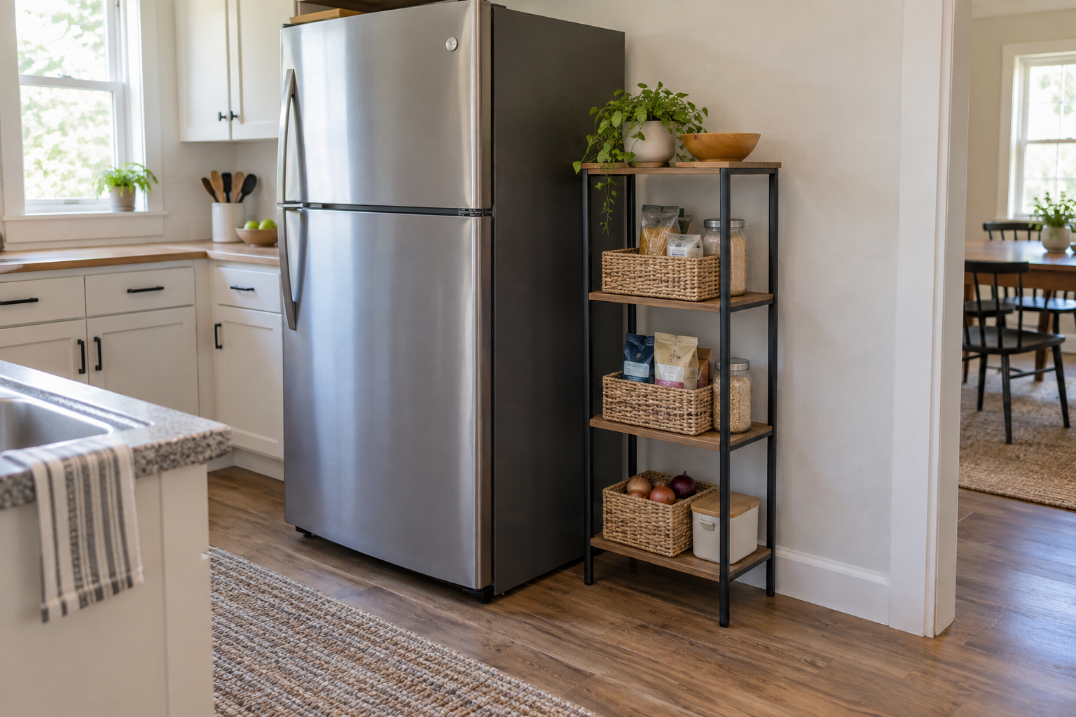 Narrow freestanding kitchen shelf beside a refrigerator with safe door and ventilation clearance