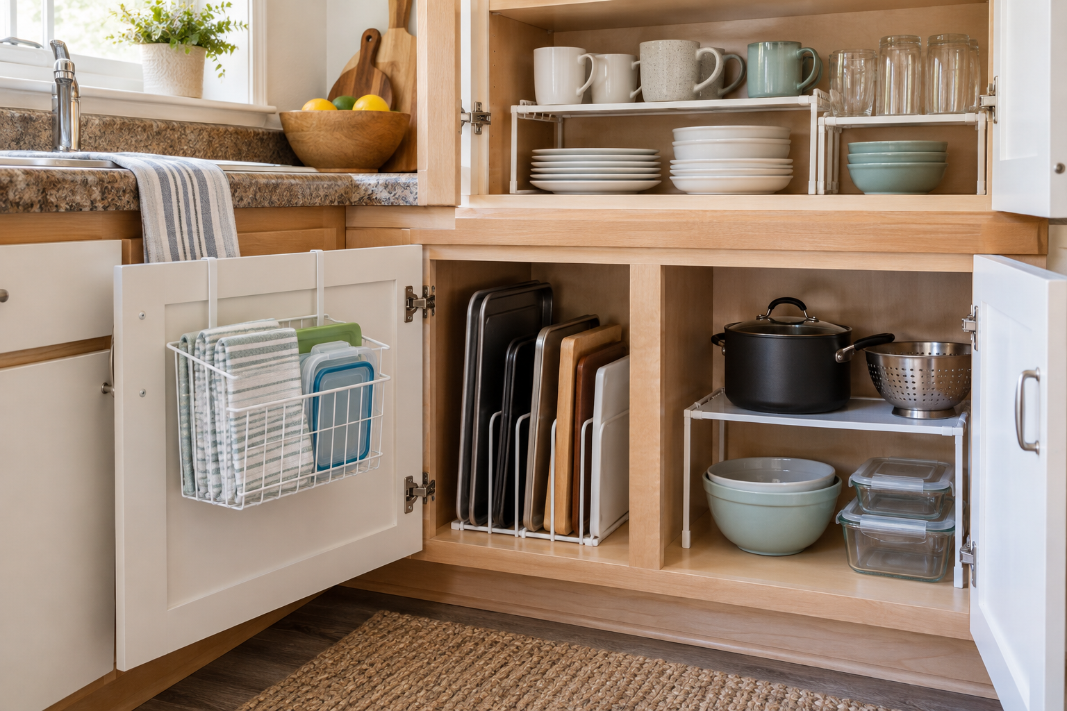 Removable shelf risers, vertical dividers, and over-door storage inside rental kitchen cabinets