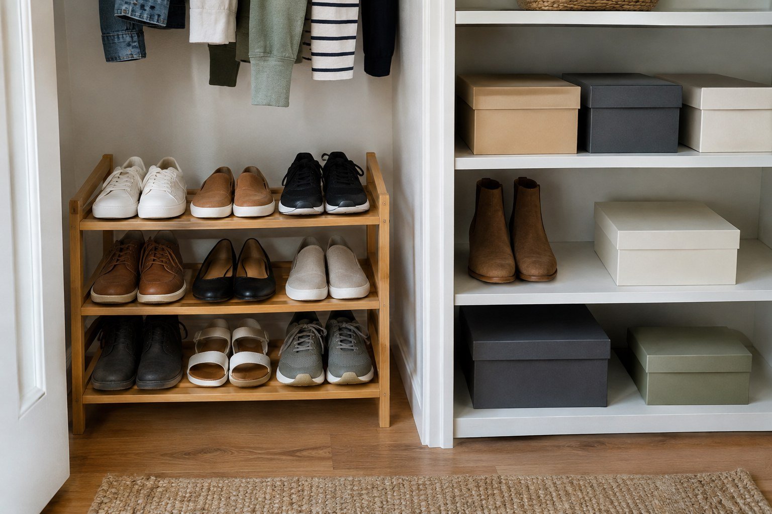 Open shoe rack beside shoe boxes arranged for easy access in a small rental closet