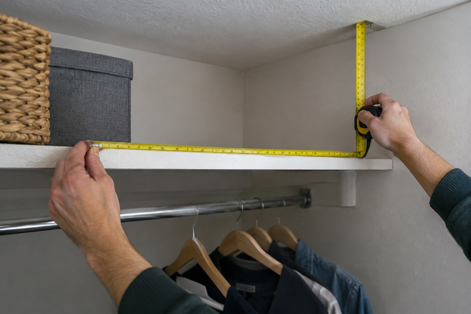 Person measuring width and vertical clearance on a high closet shelf before adding storage containers