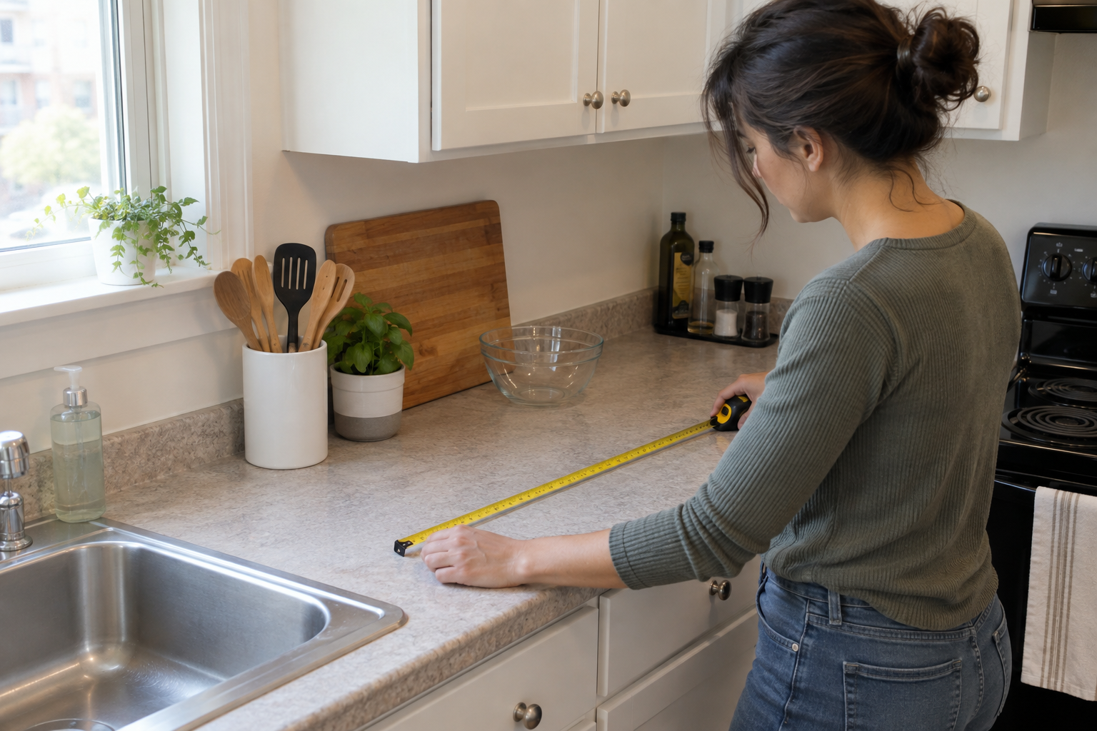 Small rental kitchen countertop being evaluated to preserve prep space before adding storage organizers