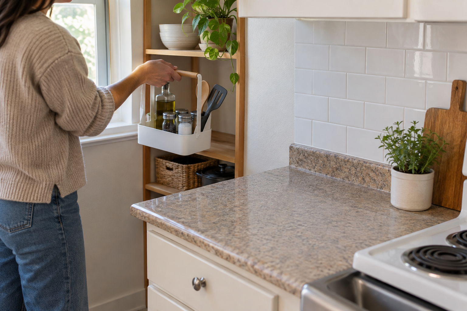 Portable kitchen prep caddy beside a clear countertop work area in a small rental kitchen
