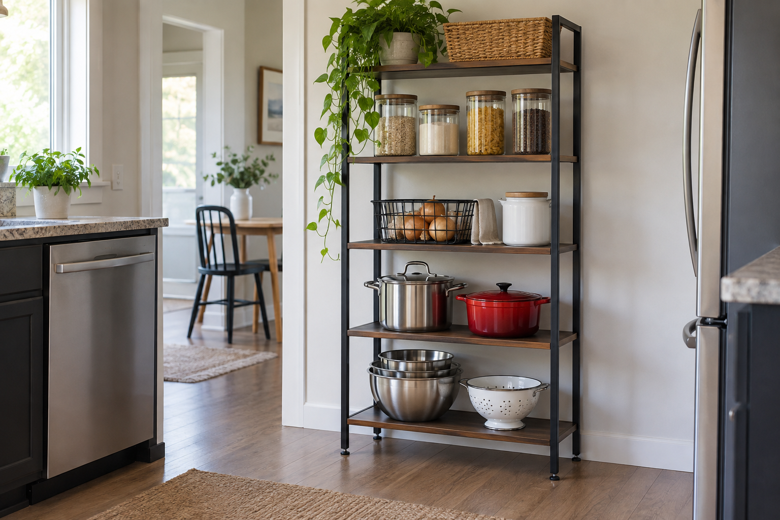 Freestanding kitchen shelving with heavier items stored low and lightweight supplies on upper shelves for better stability