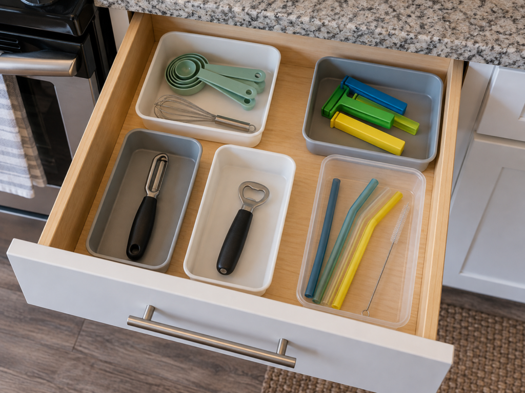 Shallow removable bins organizing small kitchen gadgets inside a rental kitchen drawer