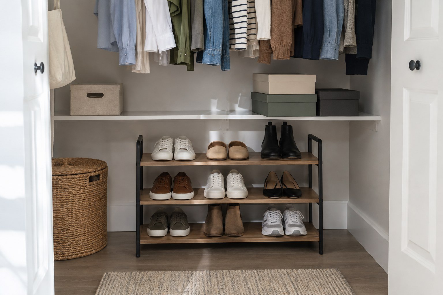 Shoe storage for small closets using a low rack and storage boxes in a rental closet