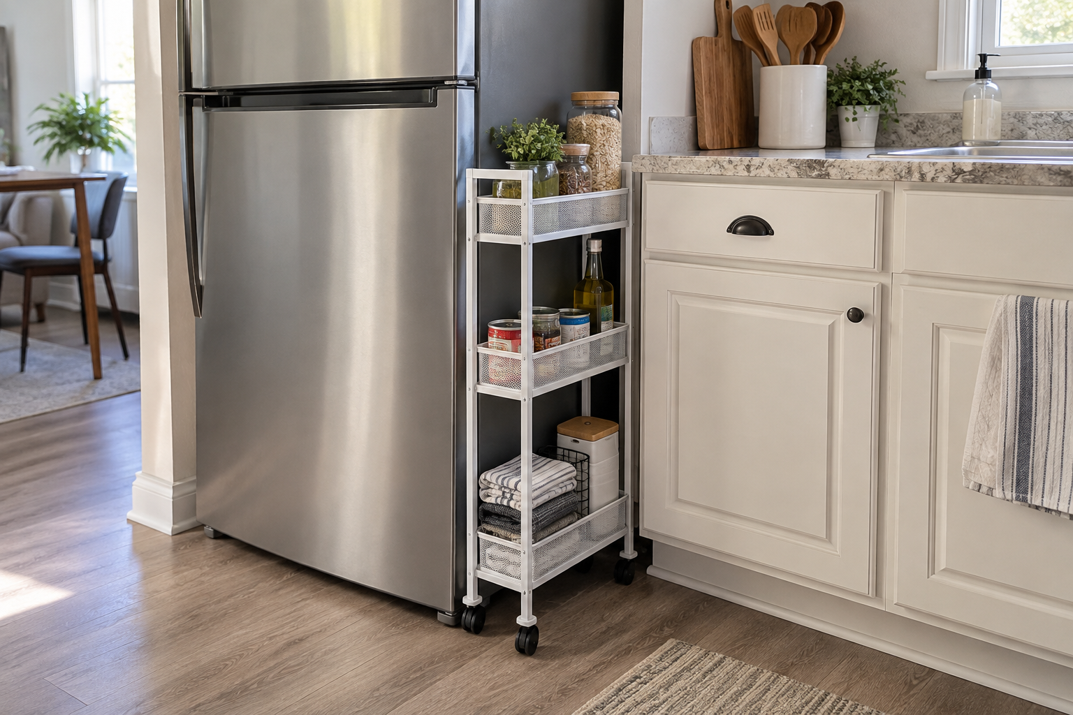 Slim rolling cart adding renter-friendly storage beside a refrigerator in a small kitchen