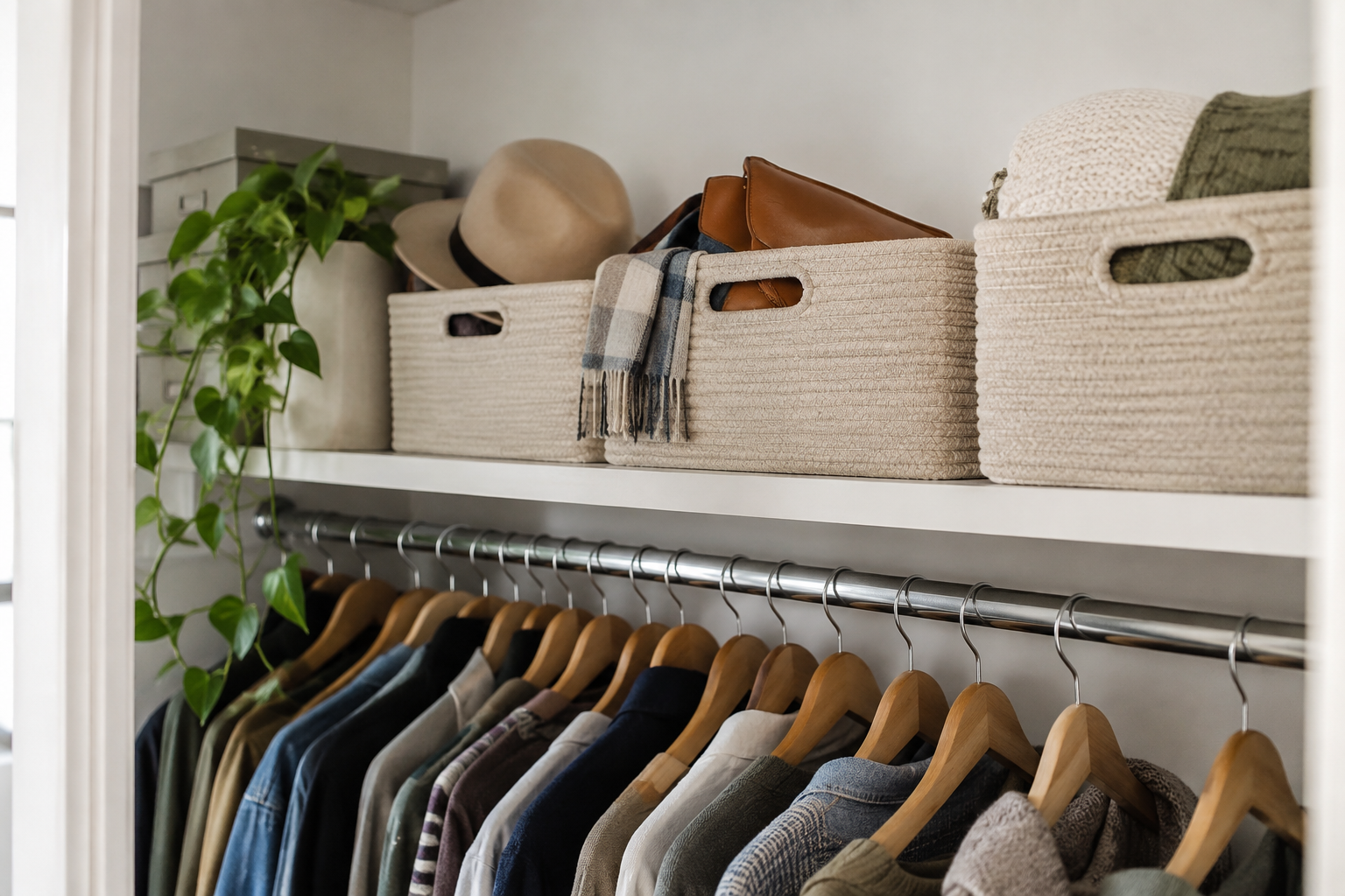 Top shelf closet organization with storage bins arranged above hanging clothes