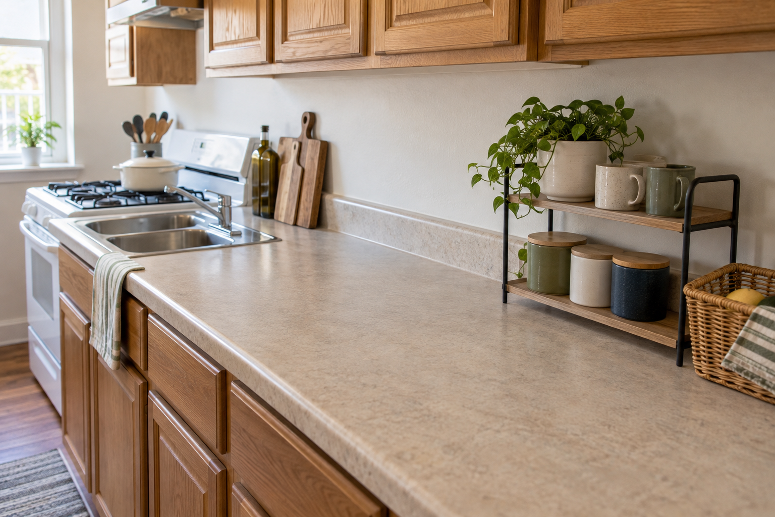 Small kitchen countertop storage for renters with compact organizers and a clear food preparation area
